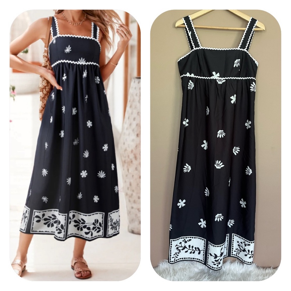 {Sunday Up} Floral Ricrac Sleeveless Midi Dress in Black & White - Womens Small
